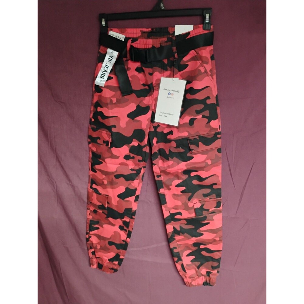 VIP Jeans Womens 7/28 Red Black Camo Joggers Baggy Fit Pants Pockets Belt